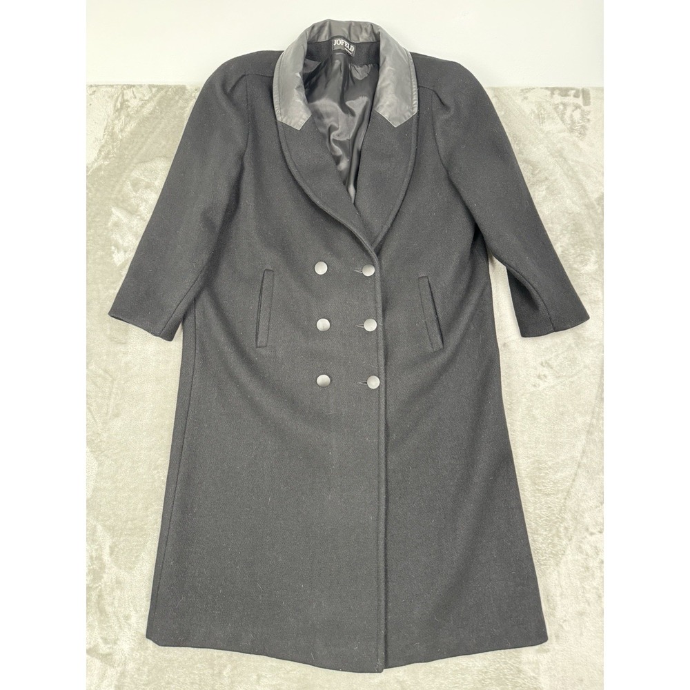 Vintage Jofeld Long Black‎ Wool Overcoat Size 48 2XL Double Breasted Leather 80s